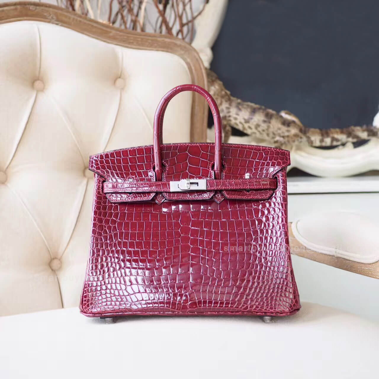 Hermes Birkin 25 Bag in cc57 Bordeaux Shiny Porosus Croc PHW